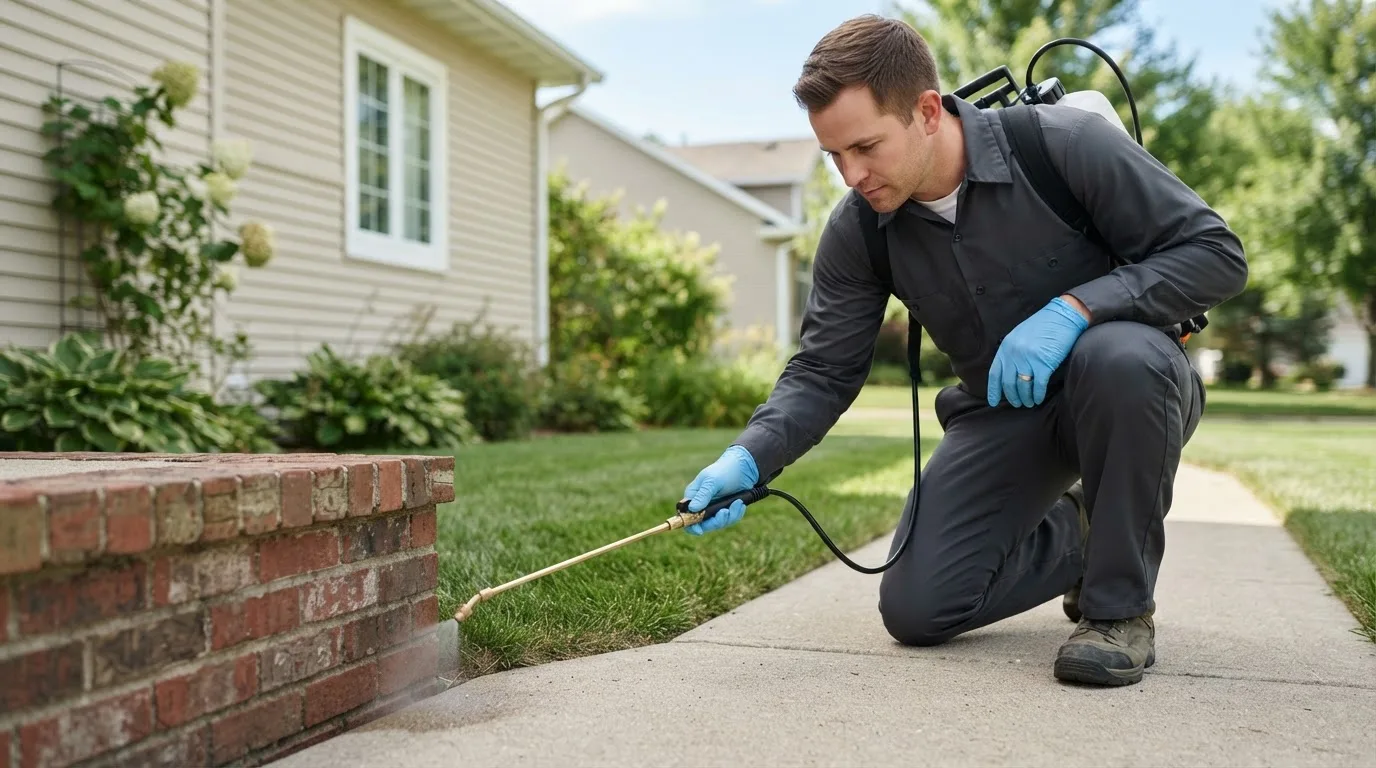 Pest control technician treating a home near Rockport, IL