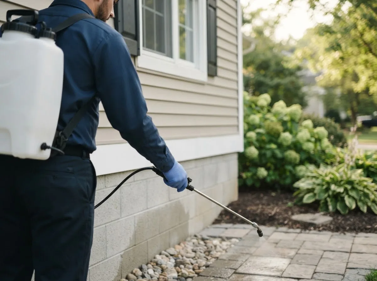 Pest control technician inspecting a home in Rockport, IL